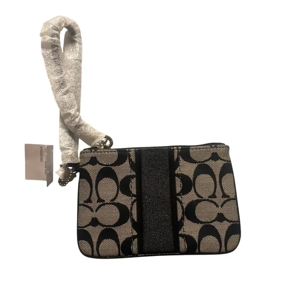 NEW Coach F49174 Signature Canvas Small Wristlet Black White Top Zip with Stripe